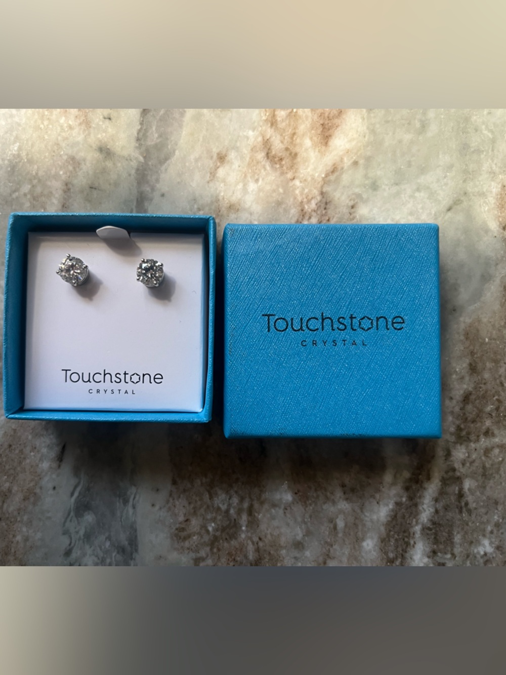 Touchstone Crystal Silver Clear Crystal Stud Earrings in Blue Box